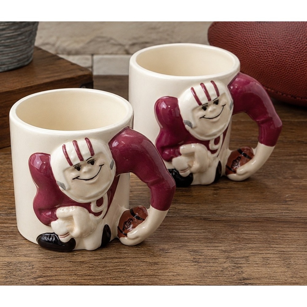 2 Enesco Mug Football Player Athlete 3D Ceramic Coffee Japan Vtg Sports Cave
